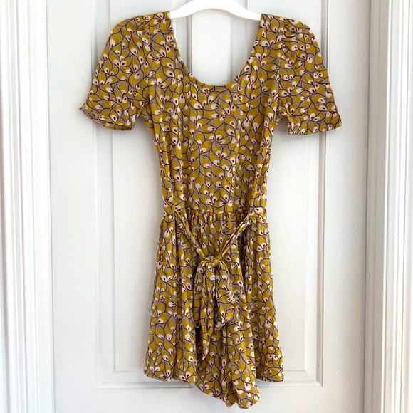 Gold Mini Romper Dress, gathered at shoulders & waist, Easy Front Opening - Picture 6 of 16